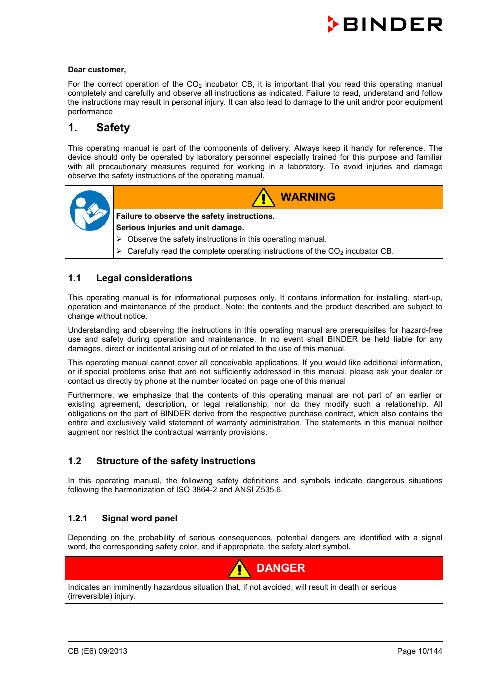 Safety, 1 legal considerations, 2 structure of the safety instructions | 1 signal word panel, Warning, Danger | BINDER CB 60 User Manual | Page 10 / 145