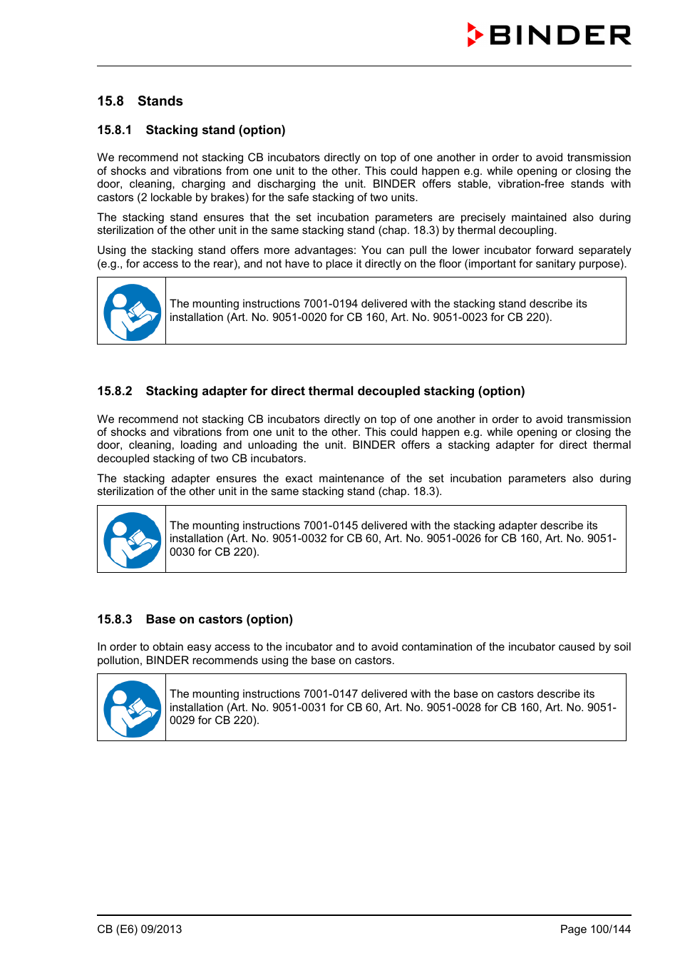 8 stands, 1 stacking stand (option), 3 base on castors (option) | BINDER CB 60 User Manual | Page 100 / 145