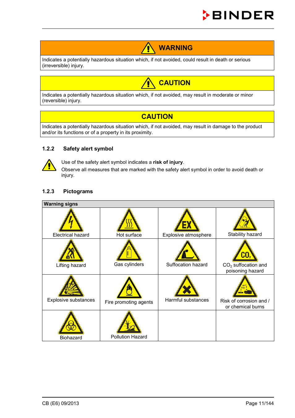 2 safety alert symbol, 3 pictograms, Warning | Caution | BINDER CB 60 User Manual | Page 11 / 145