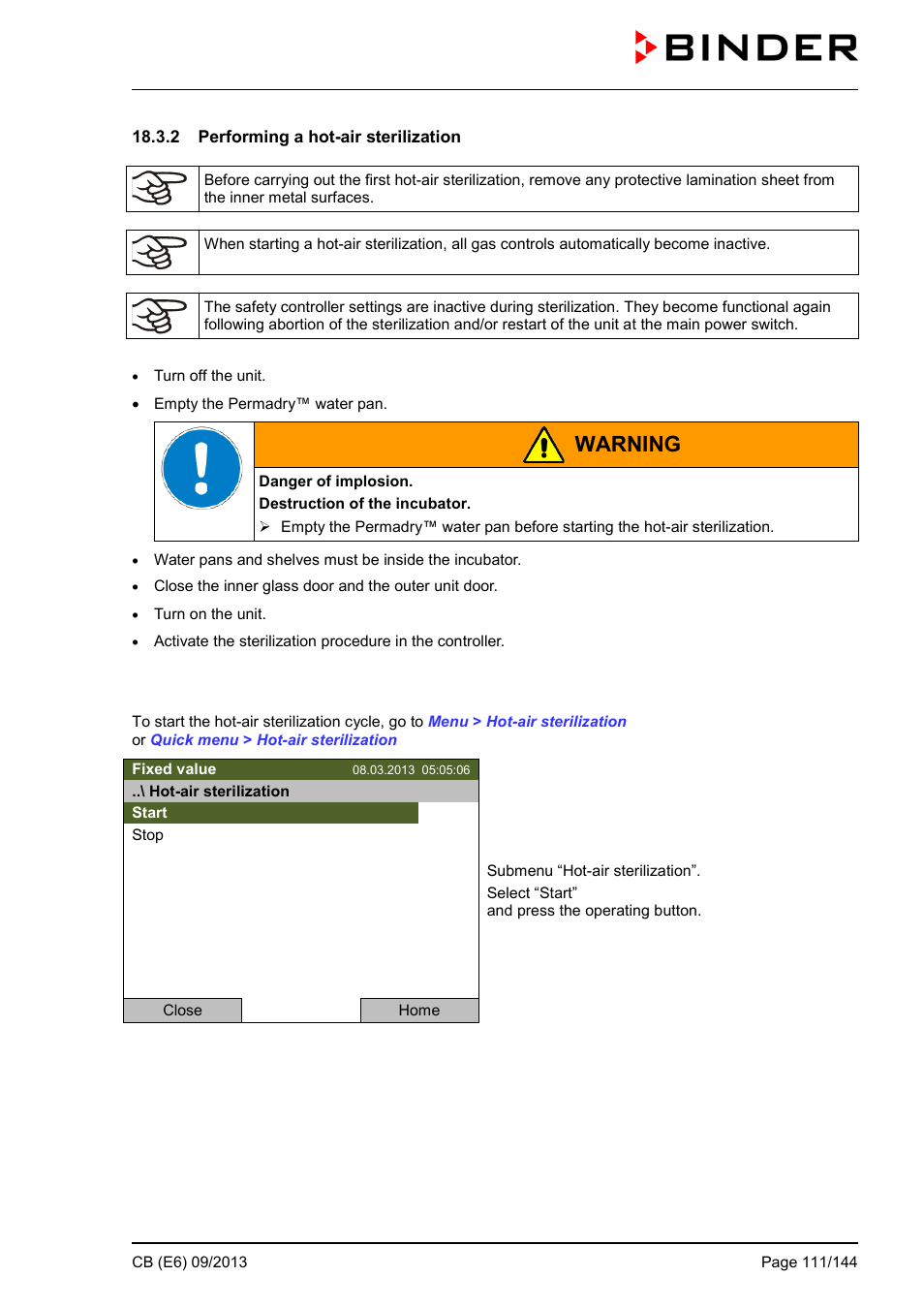 2 performing a hot-air sterilization, Warning | BINDER CB 60 User Manual | Page 111 / 145