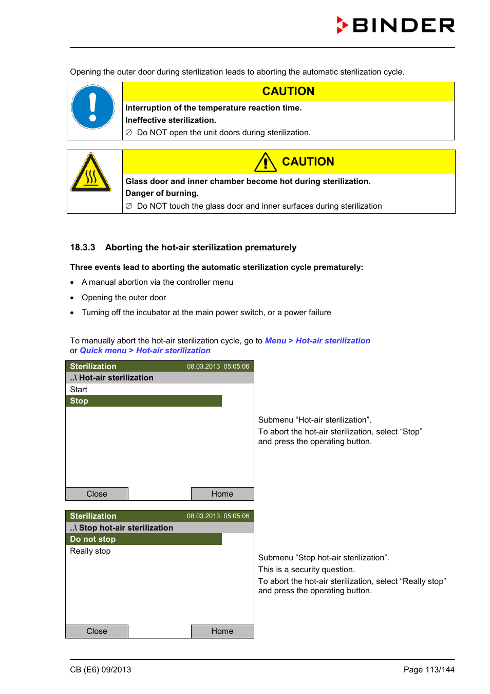 3 aborting the hot-air sterilization prematurely, Caution | BINDER CB 60 User Manual | Page 113 / 145