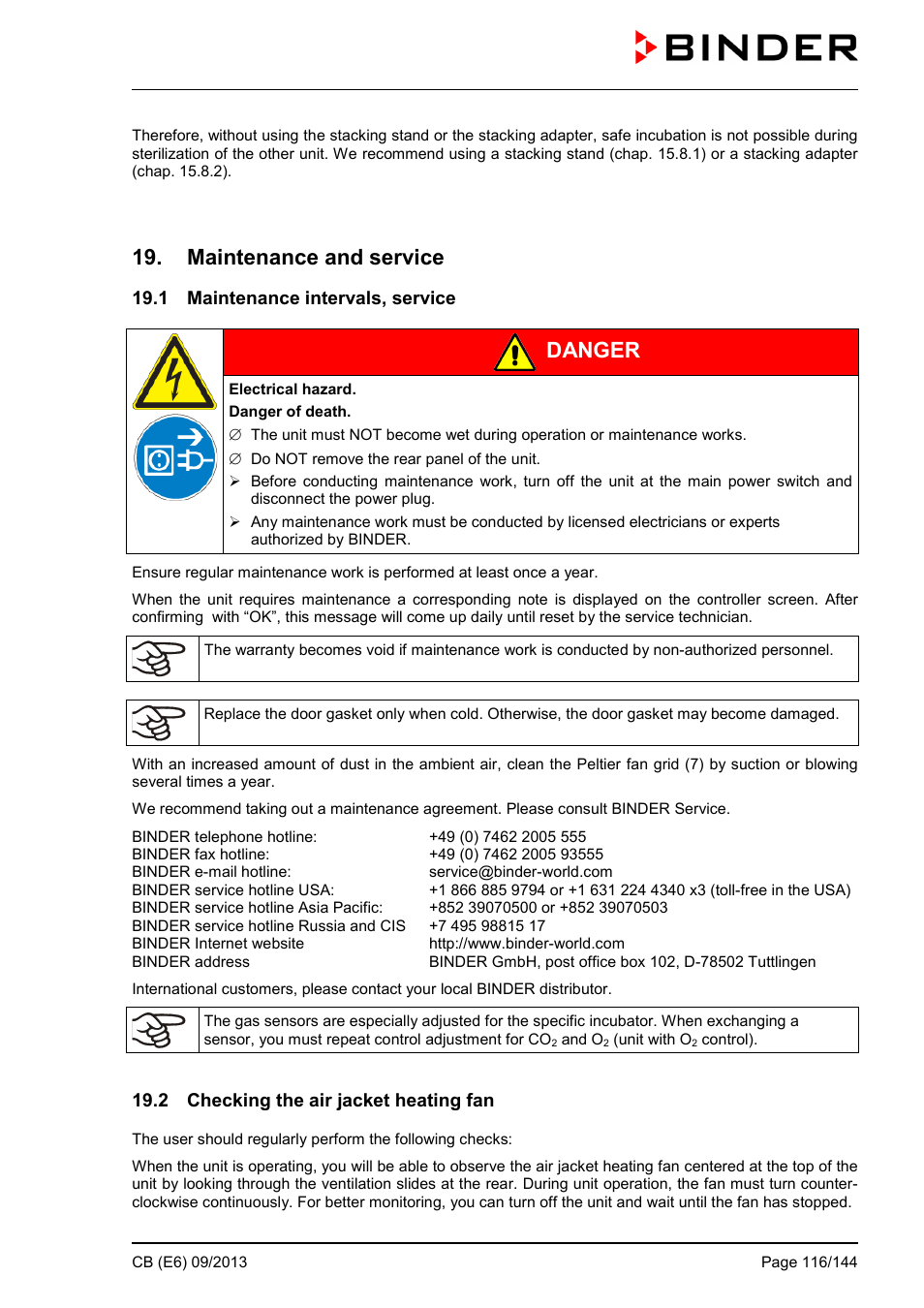 Maintenance and service, 1 maintenance intervals, service, 2 checking the air jacket heating fan | Danger | BINDER CB 60 User Manual | Page 116 / 145