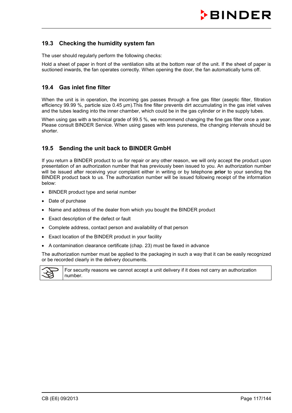 3 checking the humidity system fan, 4 gas inlet fine filter, 5 sending the unit back to binder gmbh | BINDER CB 60 User Manual | Page 117 / 145