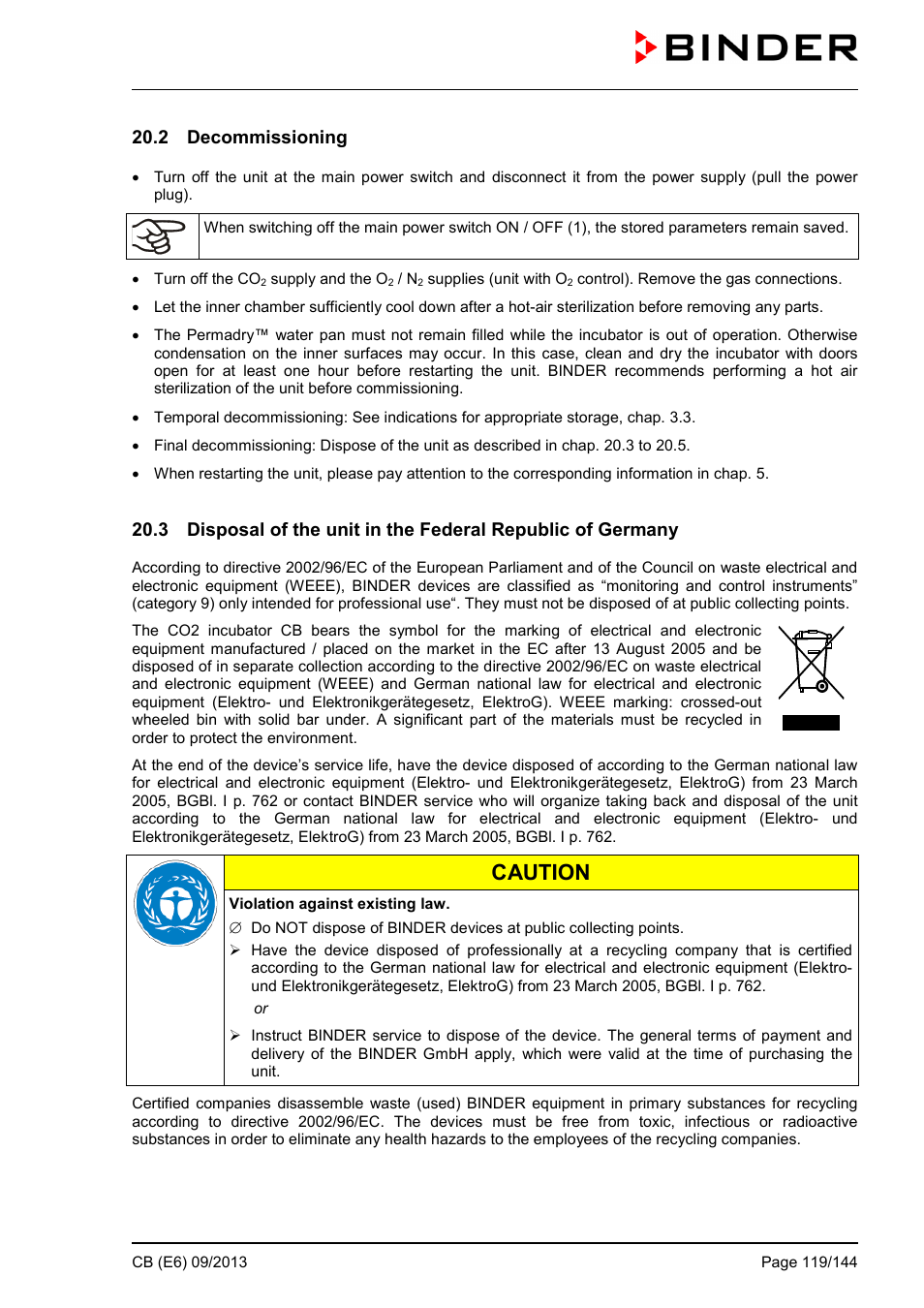 2 decommissioning, Caution | BINDER CB 60 User Manual | Page 119 / 145