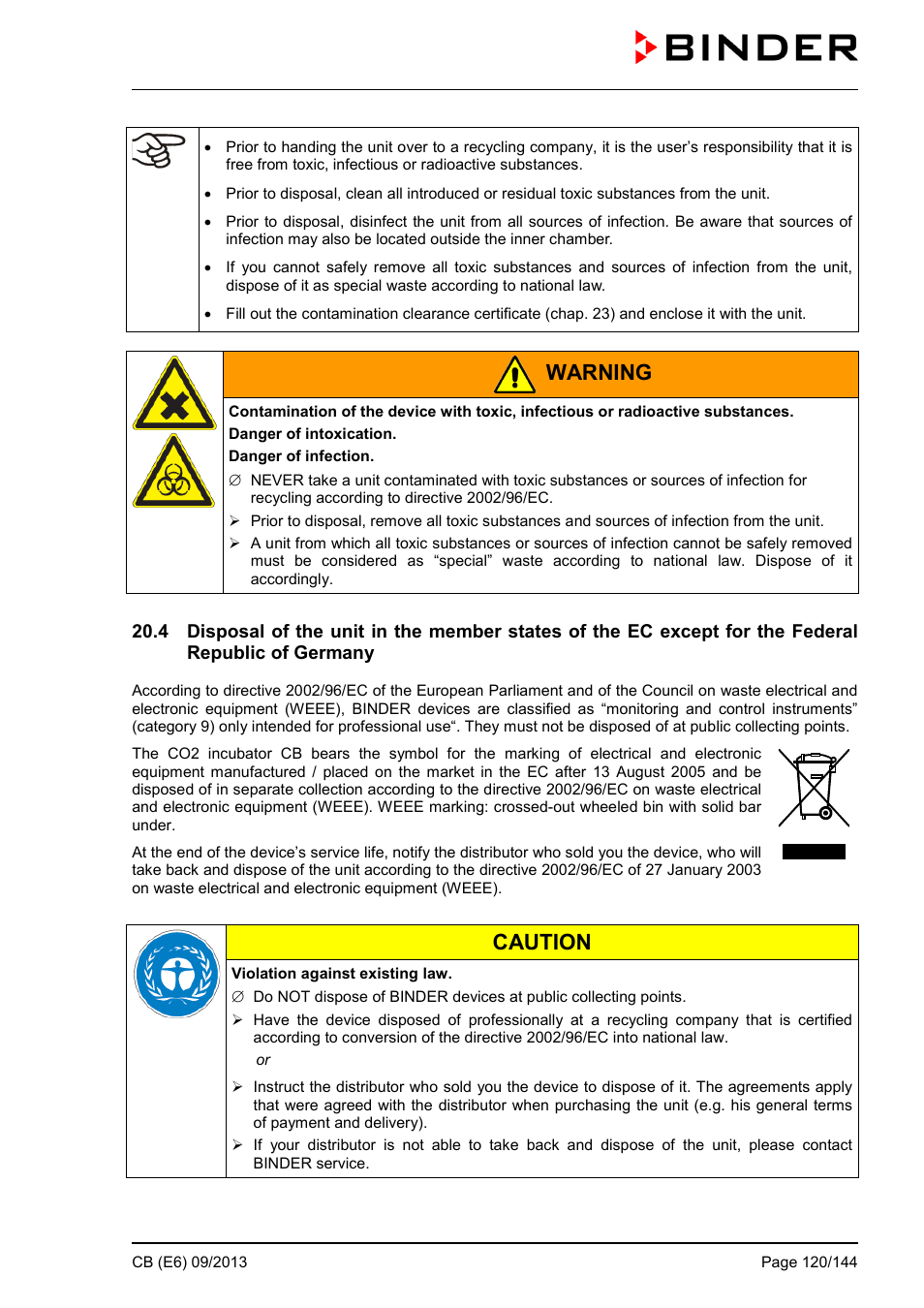 Warning, Caution | BINDER CB 60 User Manual | Page 120 / 145