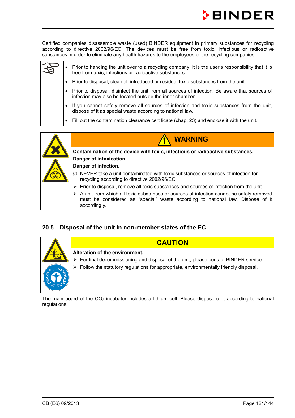 Warning, Caution | BINDER CB 60 User Manual | Page 121 / 145
