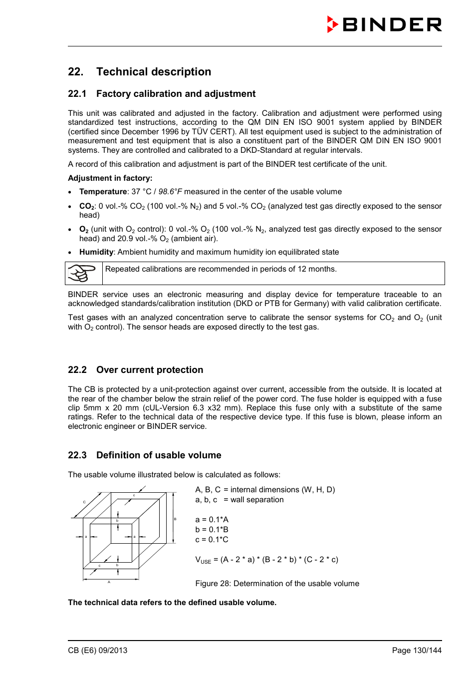 Technical description, 1 factory calibration and adjustment, 2 over current protection | 3 definition of usable volume | BINDER CB 60 User Manual | Page 130 / 145
