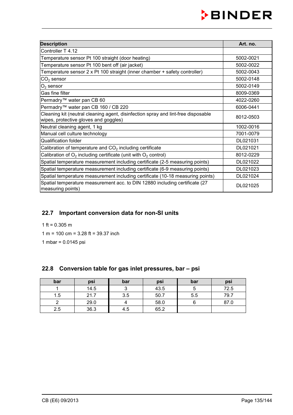 7 important conversion data for non-si units | BINDER CB 60 User Manual | Page 135 / 145