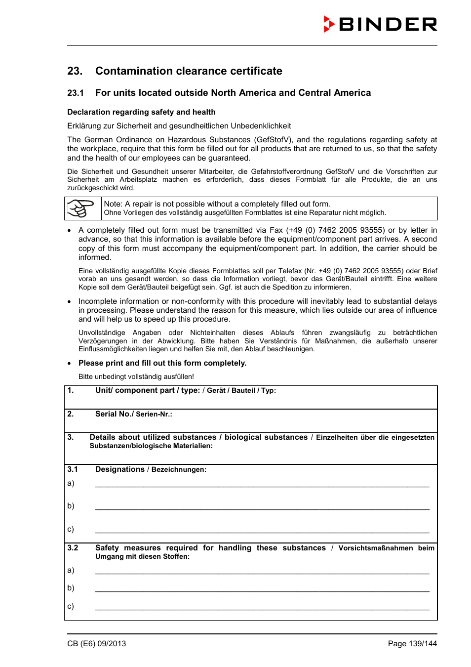 Contamination clearance certificate | BINDER CB 60 User Manual | Page 139 / 145
