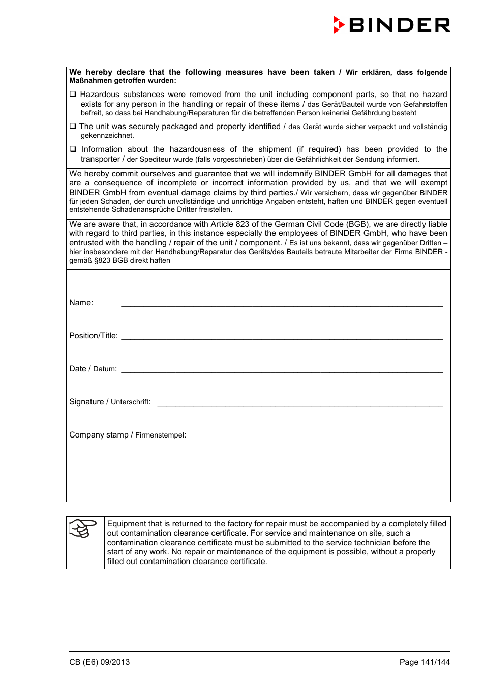 BINDER CB 60 User Manual | Page 141 / 145