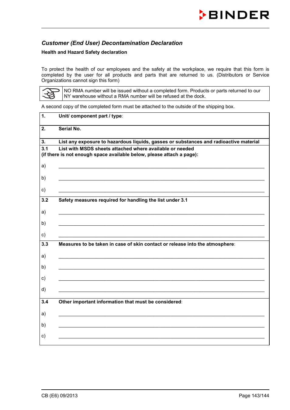 Customer (end user) decontamination declaration | BINDER CB 60 User Manual | Page 143 / 145