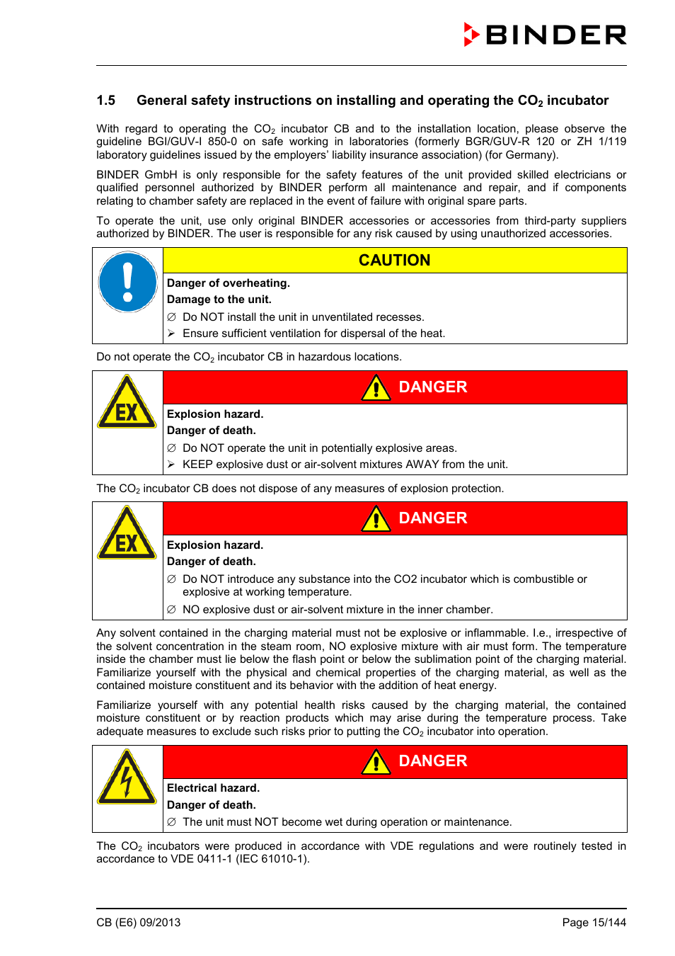 Caution, Danger, Incubator | BINDER CB 60 User Manual | Page 15 / 145