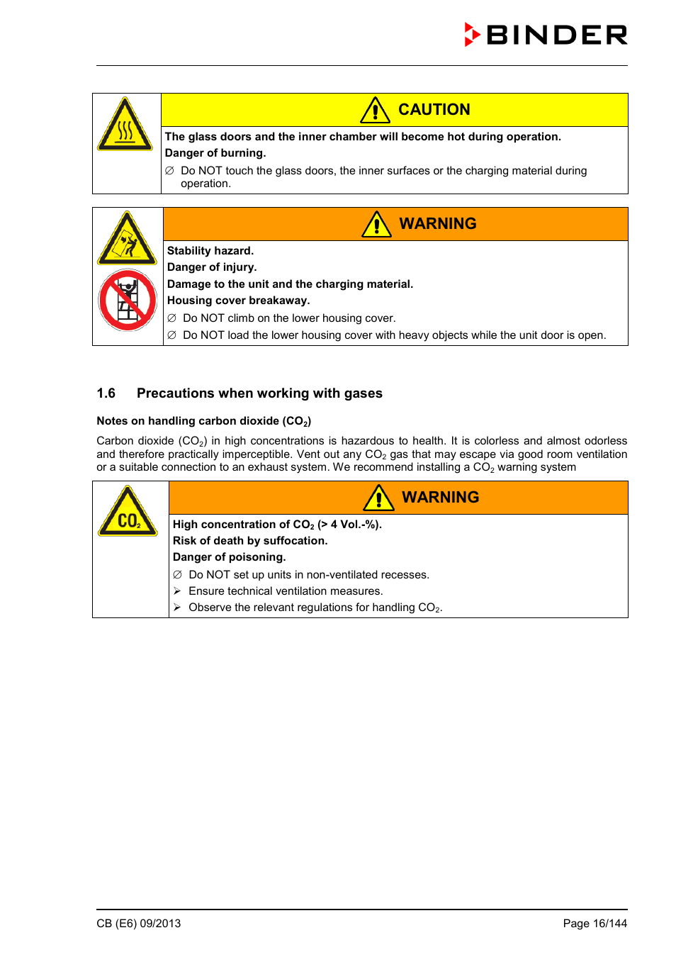 6 precautions when working with gases, Caution, Warning | BINDER CB 60 User Manual | Page 16 / 145