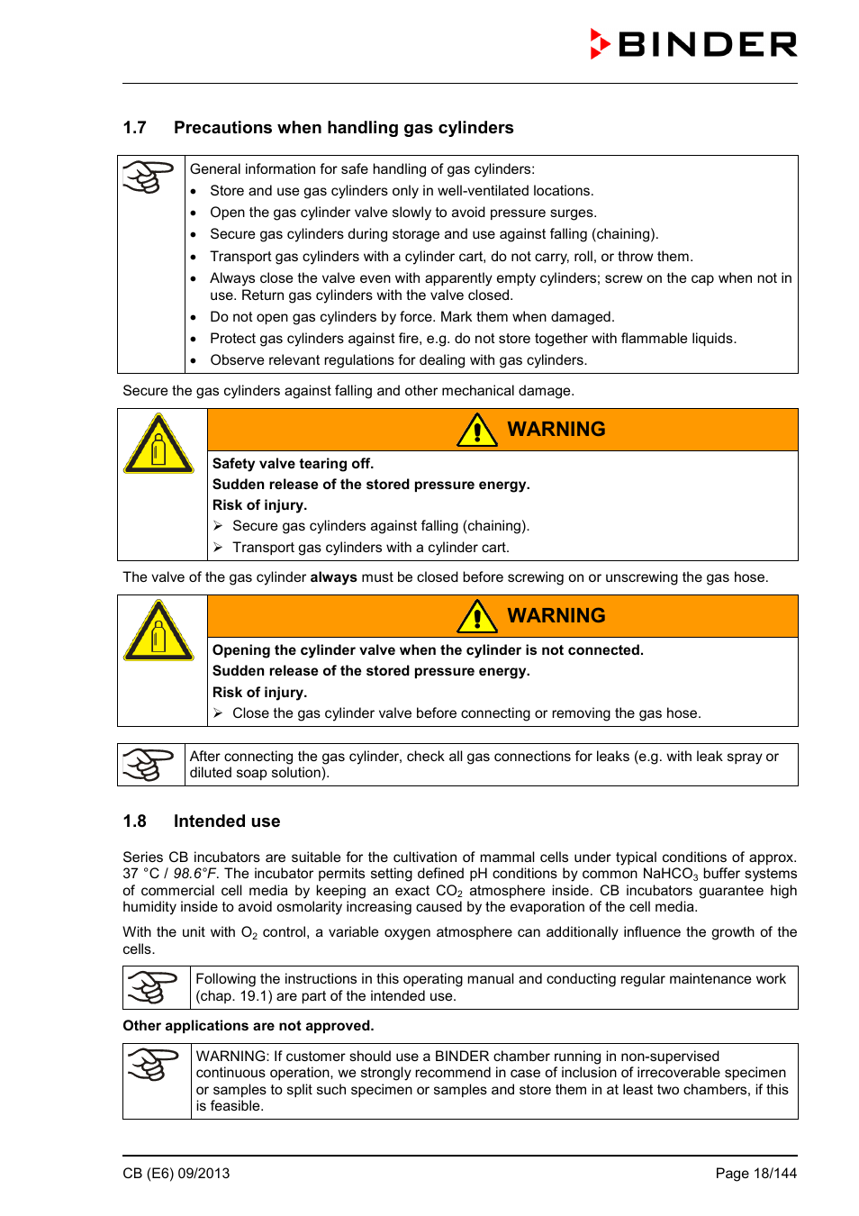 7 precautions when handling gas cylinders, 8 intended use, Warning | BINDER CB 60 User Manual | Page 18 / 145