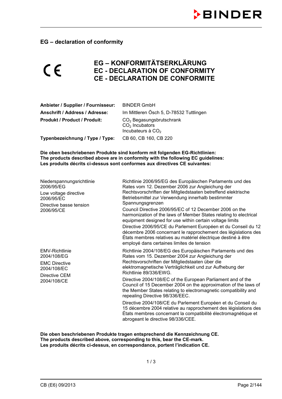 Eg – declaration of conformity | BINDER CB 60 User Manual | Page 2 / 145