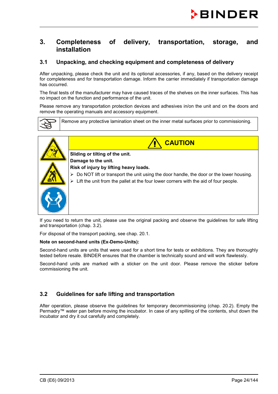 2 guidelines for safe lifting and transportation, Caution | BINDER CB 60 User Manual | Page 24 / 145