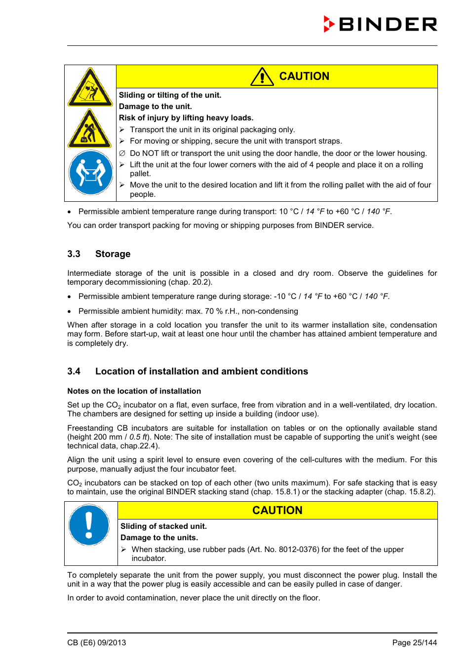 3 storage, 4 location of installation and ambient conditions, Caution | BINDER CB 60 User Manual | Page 25 / 145