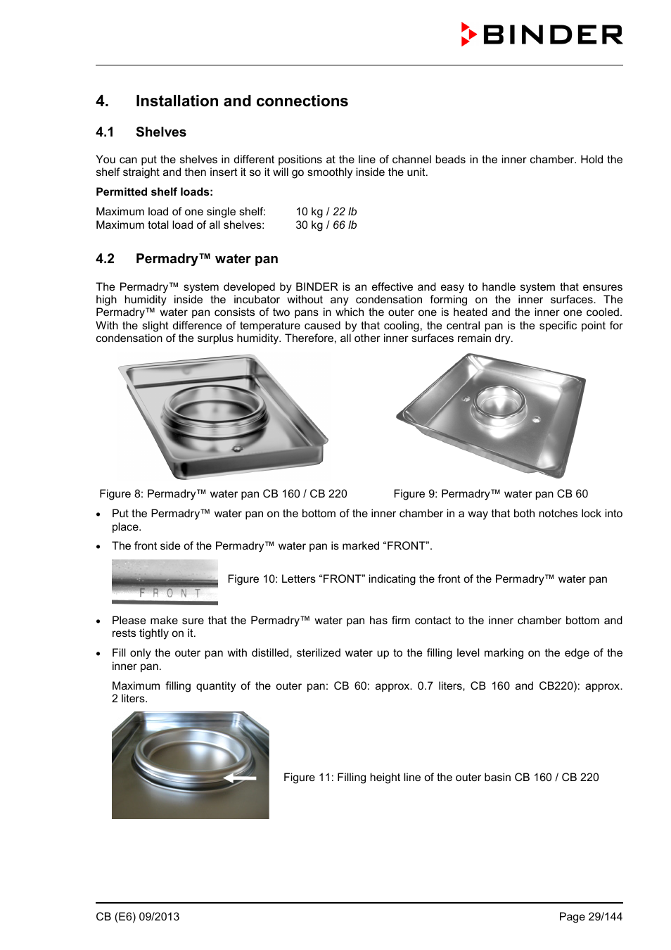 Installation and connections, 1 shelves, 2 permadry™ water pan | BINDER CB 60 User Manual | Page 29 / 145