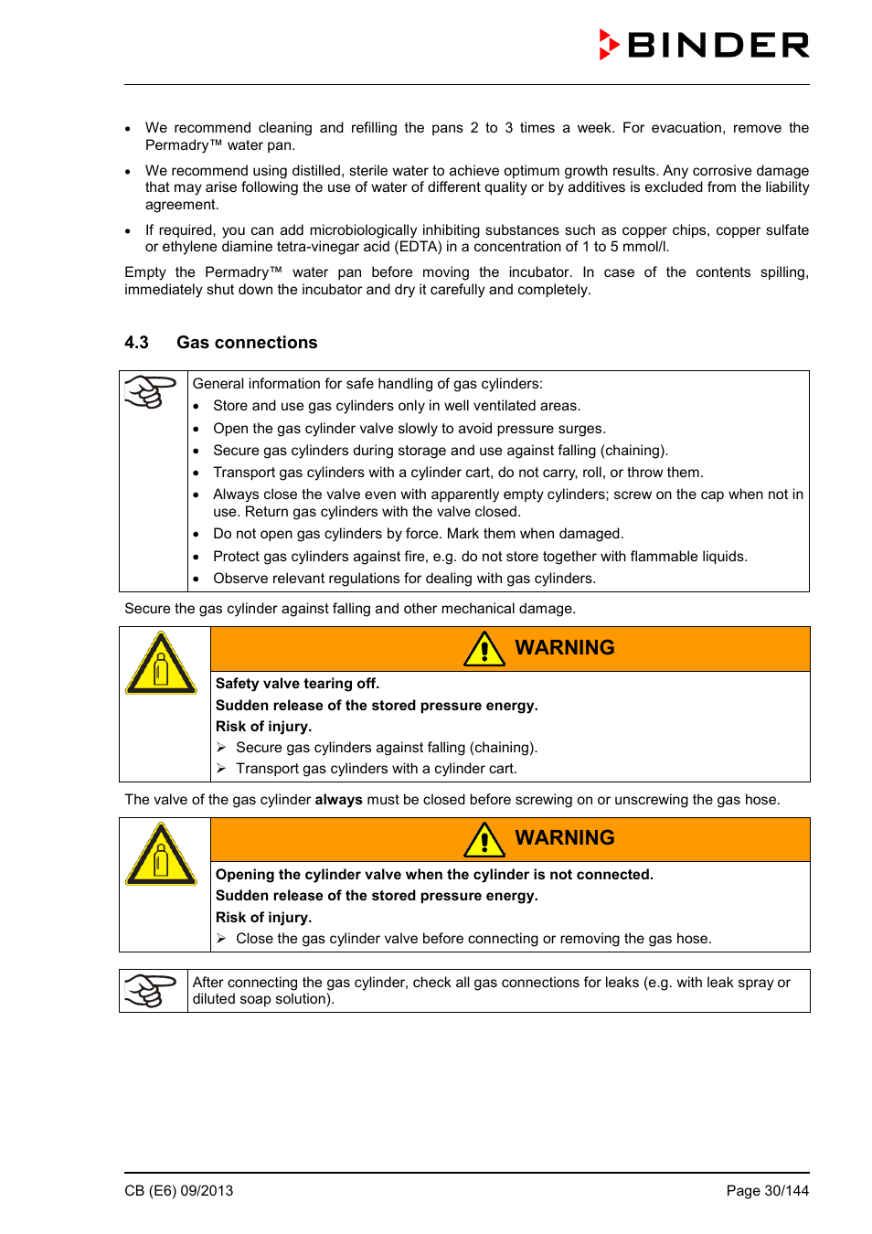 3 gas connections, Warning | BINDER CB 60 User Manual | Page 30 / 145
