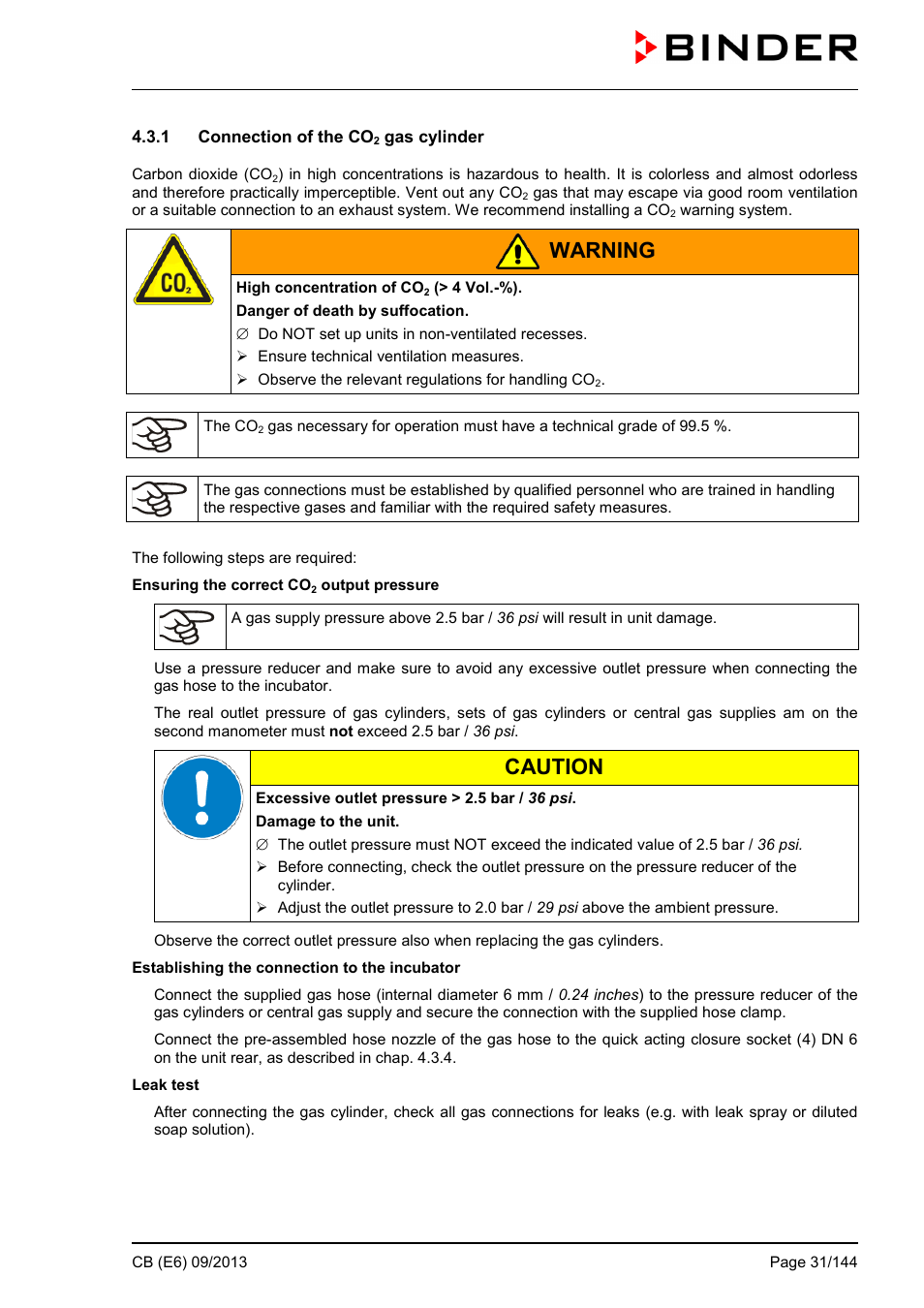1 connection of the co2 gas cylinder, Warning, Caution | BINDER CB 60 User Manual | Page 31 / 145