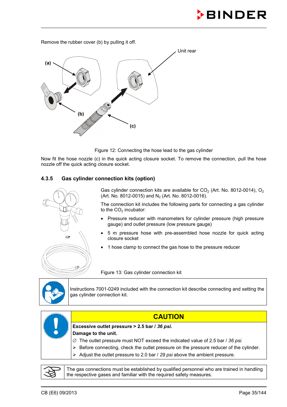 5 gas cylinder connection kits (option), Caution | BINDER CB 60 User Manual | Page 35 / 145