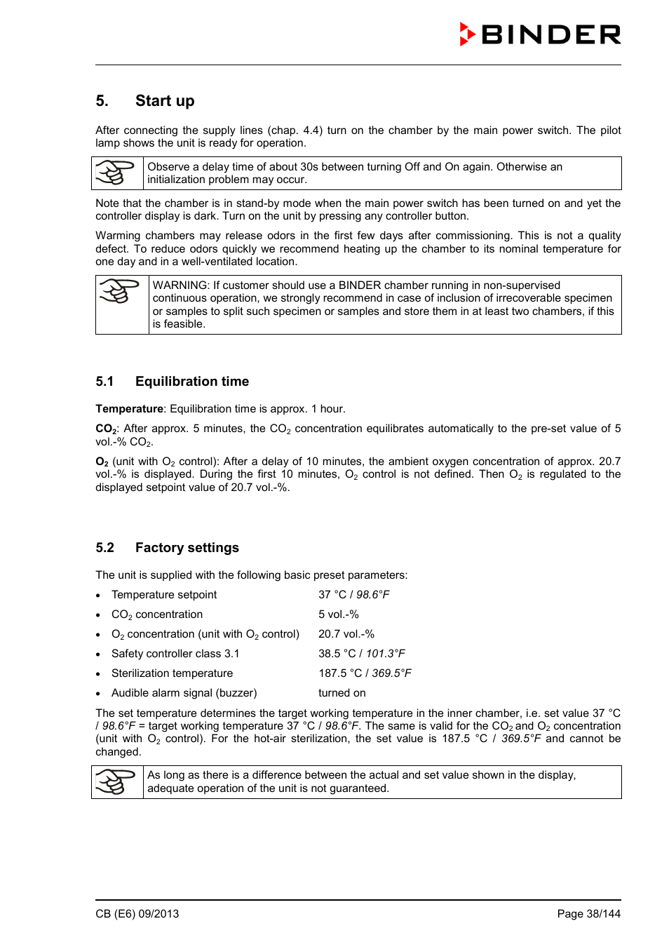 Start up, 1 equilibration time, 2 factory settings | BINDER CB 60 User Manual | Page 38 / 145