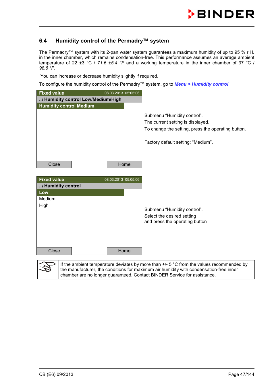 4 humidity control of the permadry™ system, Hap.6.4 | BINDER CB 60 User Manual | Page 47 / 145