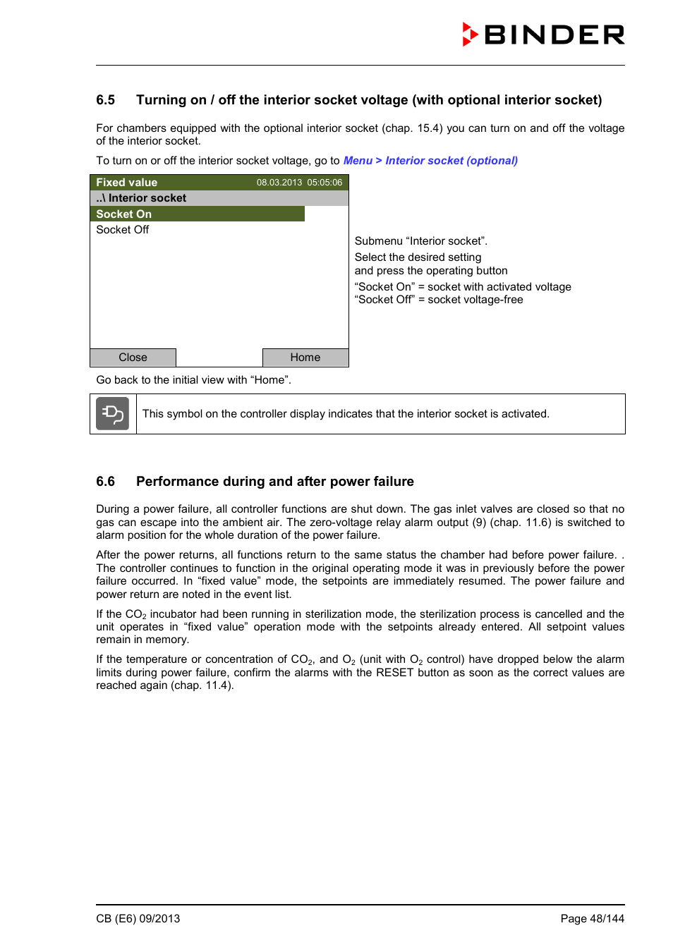 6 performance during and after power failure | BINDER CB 60 User Manual | Page 48 / 145