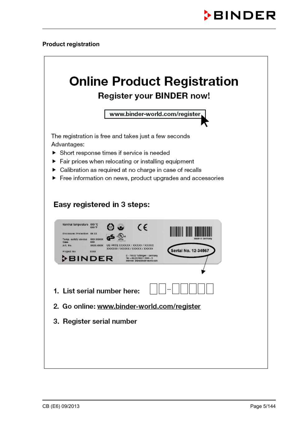 Product registration | BINDER CB 60 User Manual | Page 5 / 145