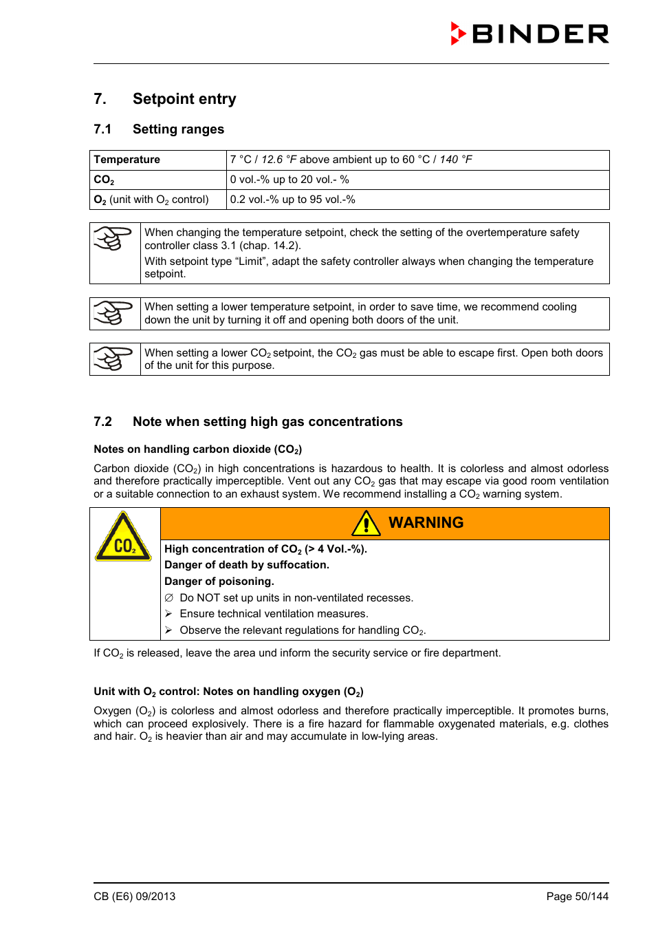 Setpoint entry, 1 setting ranges, 2 note when setting high gas concentrations | Warning | BINDER CB 60 User Manual | Page 50 / 145