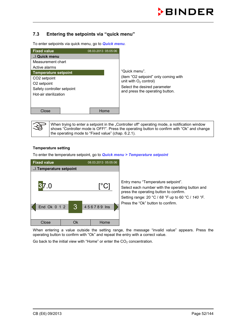 3 entering the setpoints via “quick menu, 0 [°c | BINDER CB 60 User Manual | Page 52 / 145