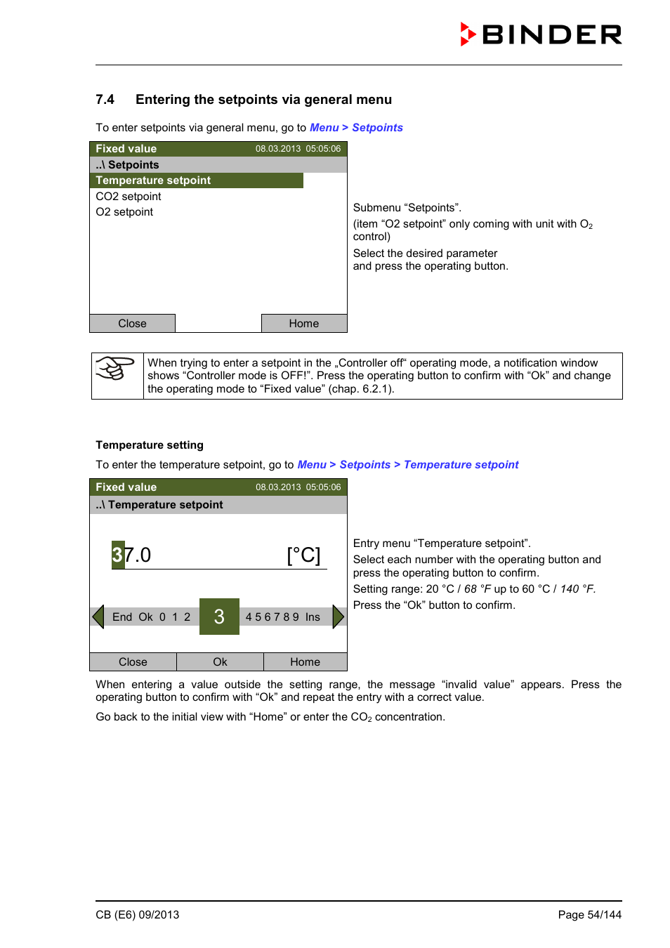 4 entering the setpoints via general menu, 0 [°c | BINDER CB 60 User Manual | Page 54 / 145