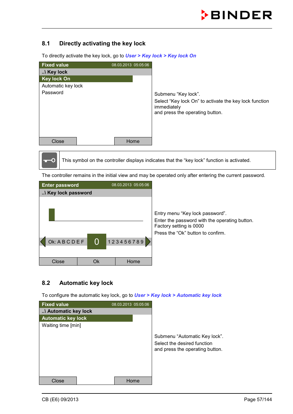 1 directly activating the key lock, 2 automatic key lock | BINDER CB 60 User Manual | Page 57 / 145