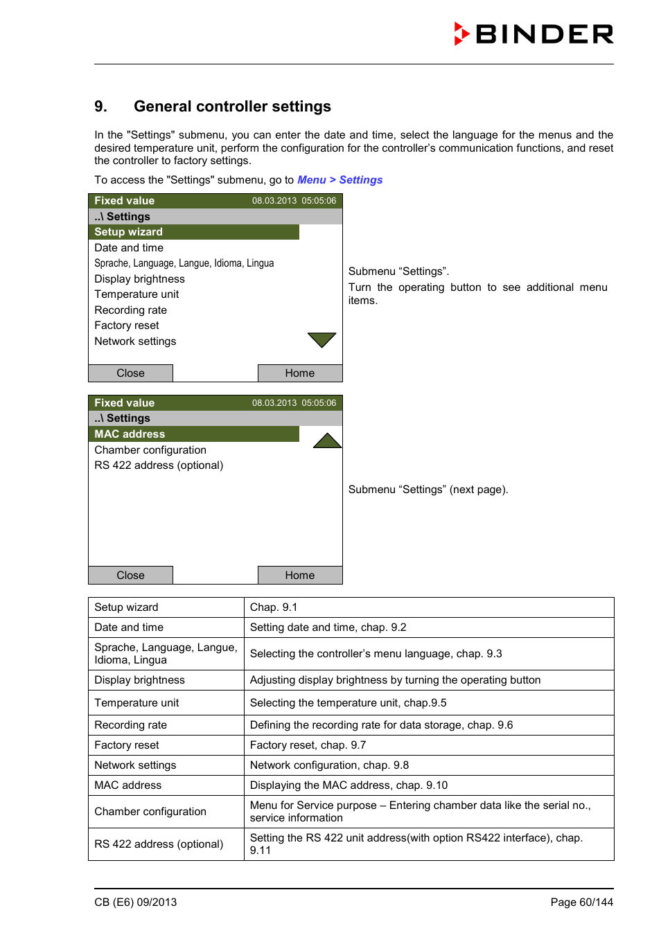 General controller settings | BINDER CB 60 User Manual | Page 60 / 145