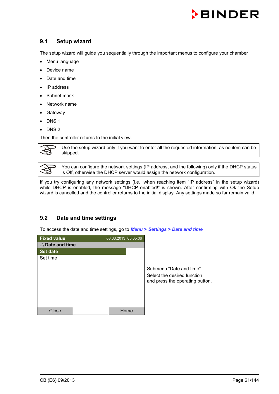 1 setup wizard, 2 date and time settings | BINDER CB 60 User Manual | Page 61 / 145