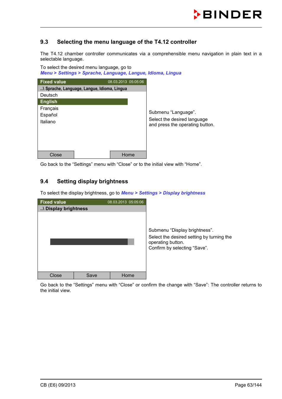 4 setting display brightness | BINDER CB 60 User Manual | Page 63 / 145