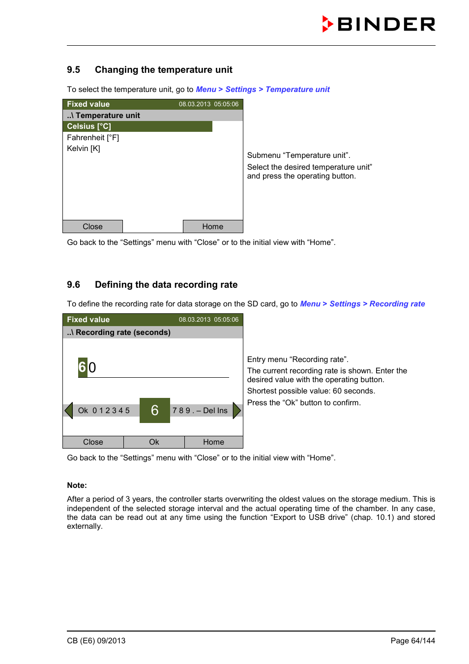 5 changing the temperature unit, 6 defining the data recording rate | BINDER CB 60 User Manual | Page 64 / 145