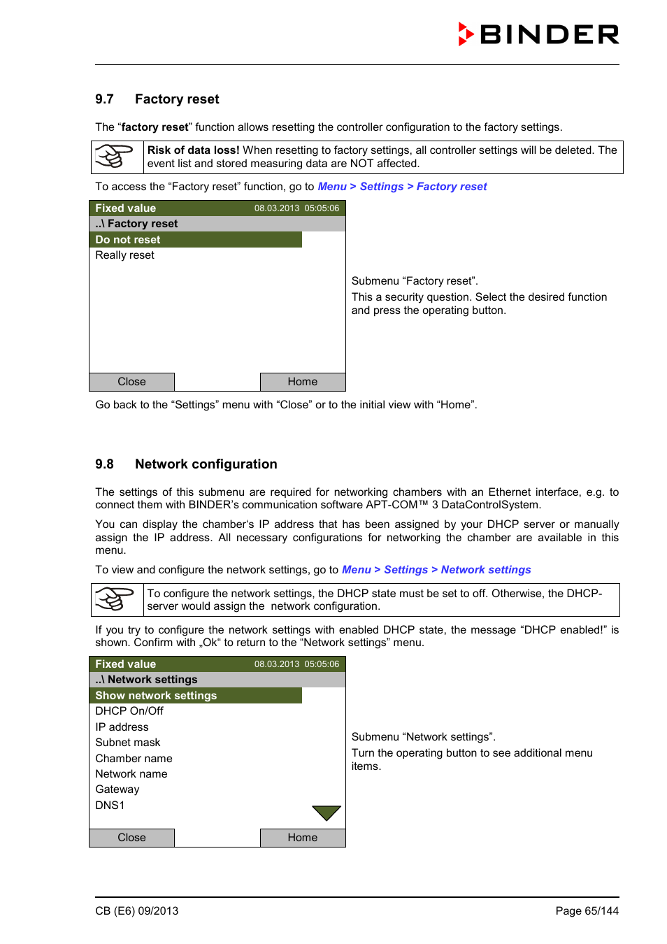 7 factory reset, 8 network configuration | BINDER CB 60 User Manual | Page 65 / 145