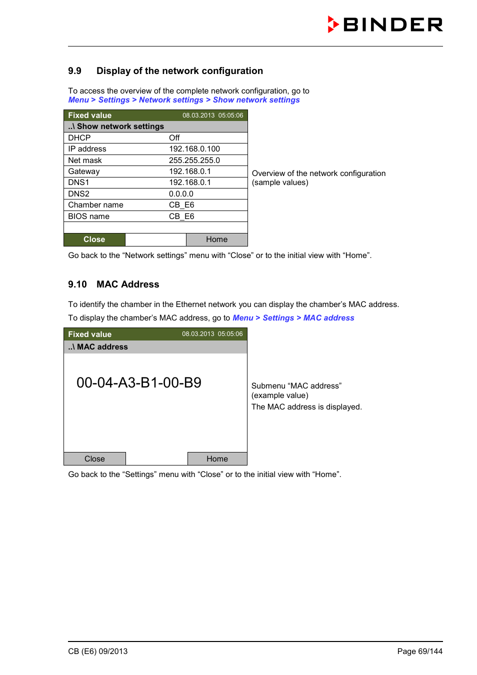 9 display of the network configuration, 10 mac address | BINDER CB 60 User Manual | Page 69 / 145