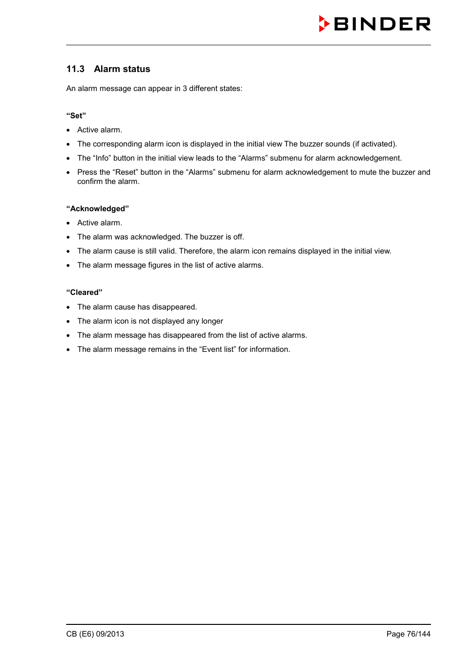 3 alarm status | BINDER CB 60 User Manual | Page 76 / 145
