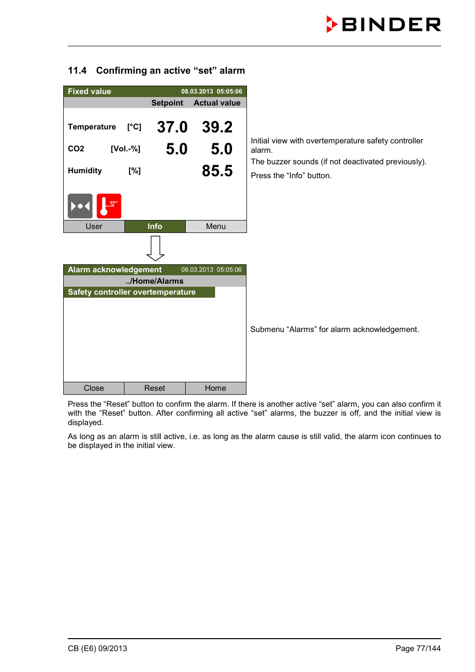 4 confirming an active “set” alarm | BINDER CB 60 User Manual | Page 77 / 145