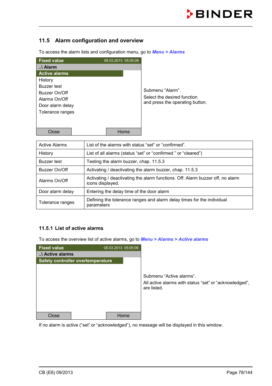 5 alarm configuration and overview, 1 list of active alarms | BINDER CB 60 User Manual | Page 78 / 145
