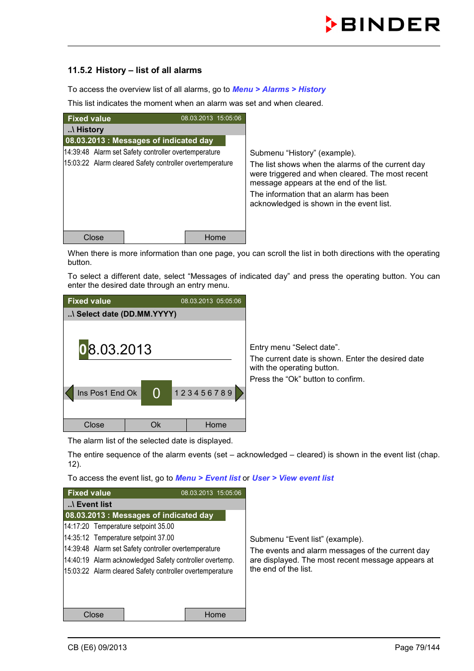 2 history – list of all alarms | BINDER CB 60 User Manual | Page 79 / 145