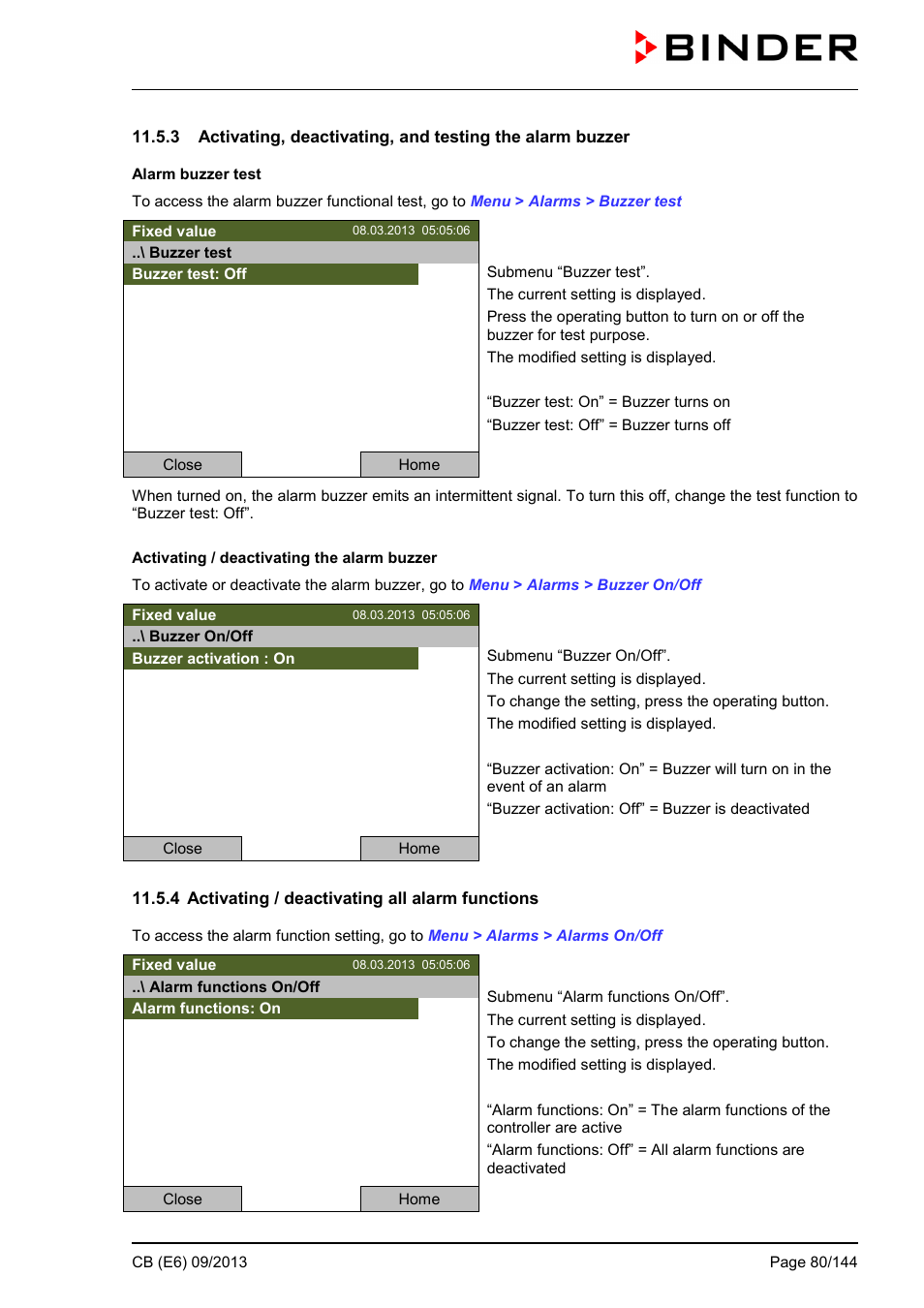 4 activating / deactivating all alarm functions | BINDER CB 60 User Manual | Page 80 / 145