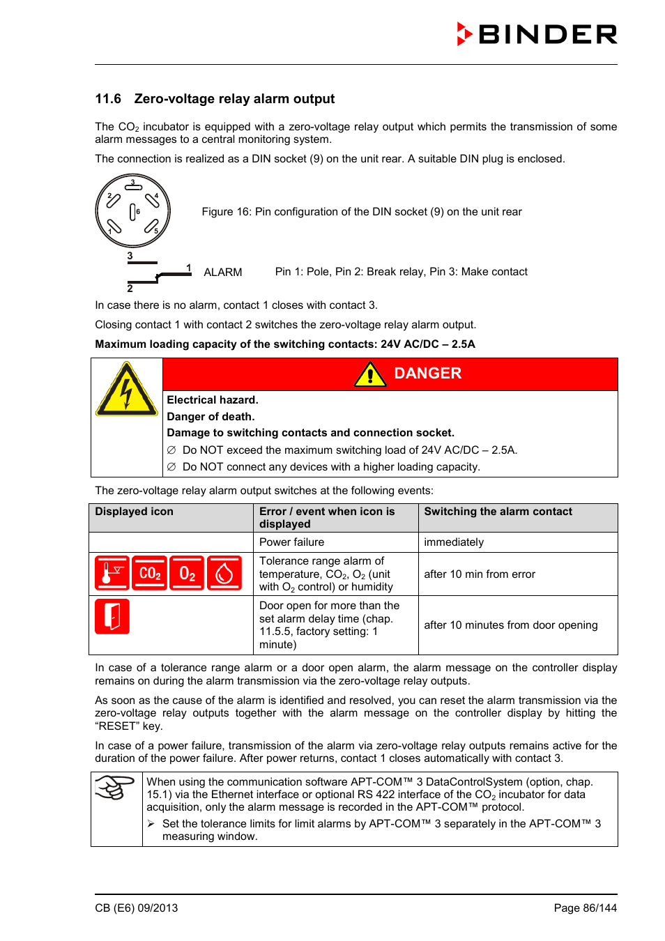 6 zero-voltage relay alarm output, Danger | BINDER CB 60 User Manual | Page 86 / 145