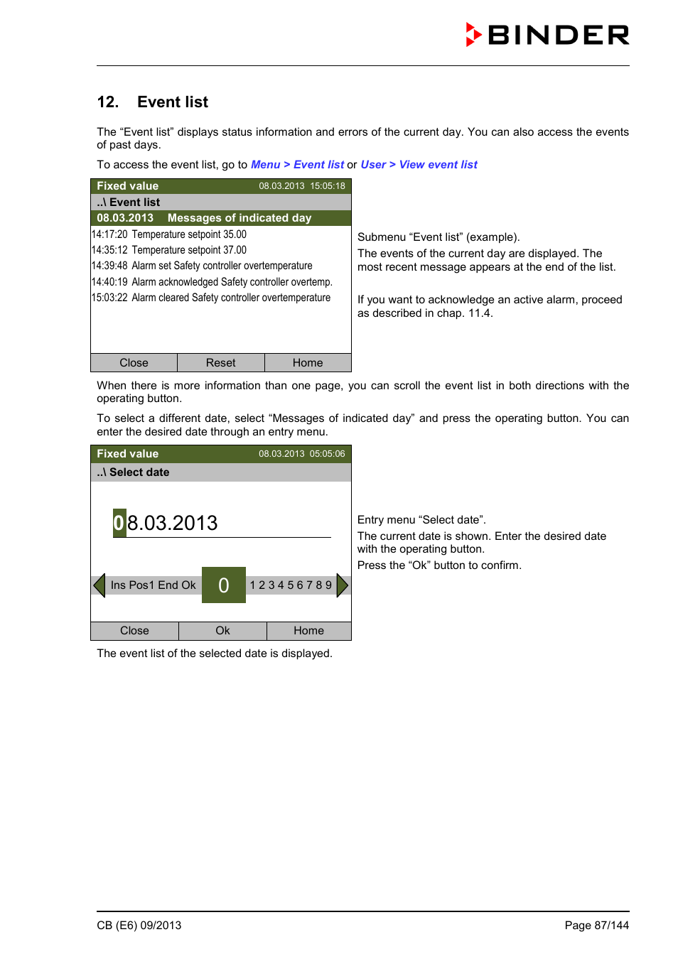 Event list | BINDER CB 60 User Manual | Page 87 / 145