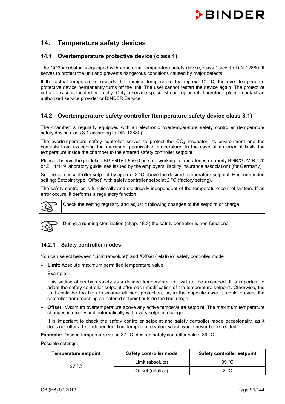 Temperature safety devices, 1 overtemperature protective device (class 1), 1 safety controller modes | BINDER CB 60 User Manual | Page 91 / 145
