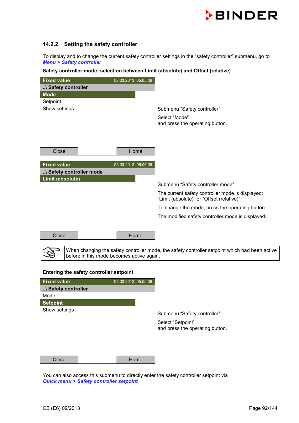 2 setting the safety controller | BINDER CB 60 User Manual | Page 92 / 145