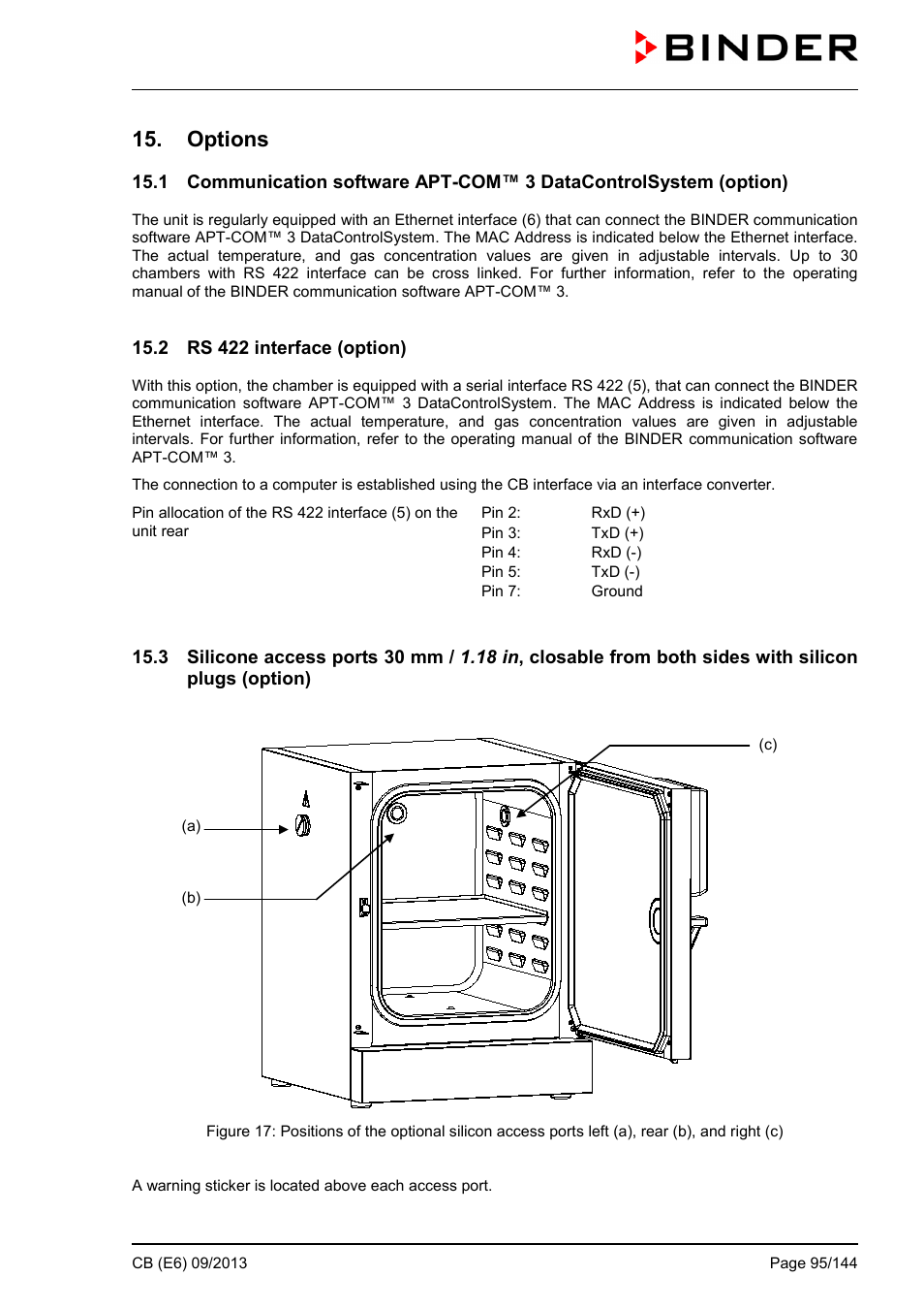 Options, 2 rs 422 interface (option), Ole_link17 | Ole_link16 | BINDER CB 60 User Manual | Page 95 / 145