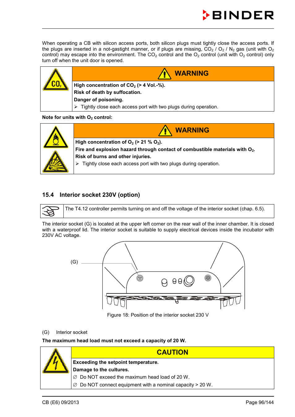 4 interior socket 230v (option), Warning, Caution | BINDER CB 60 User Manual | Page 96 / 145
